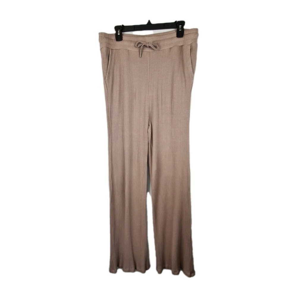 Beyond Yoga Women's Well Traveled Wide Leg Pants XL Taupe Ribbed Knit Drawstring